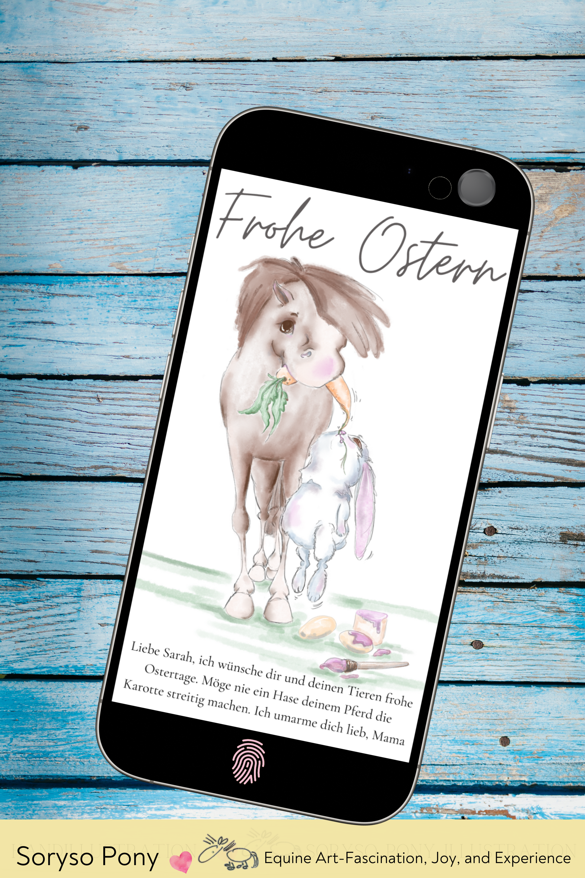 personalisierbare Osterkarte mit Pferd und Osterhase.